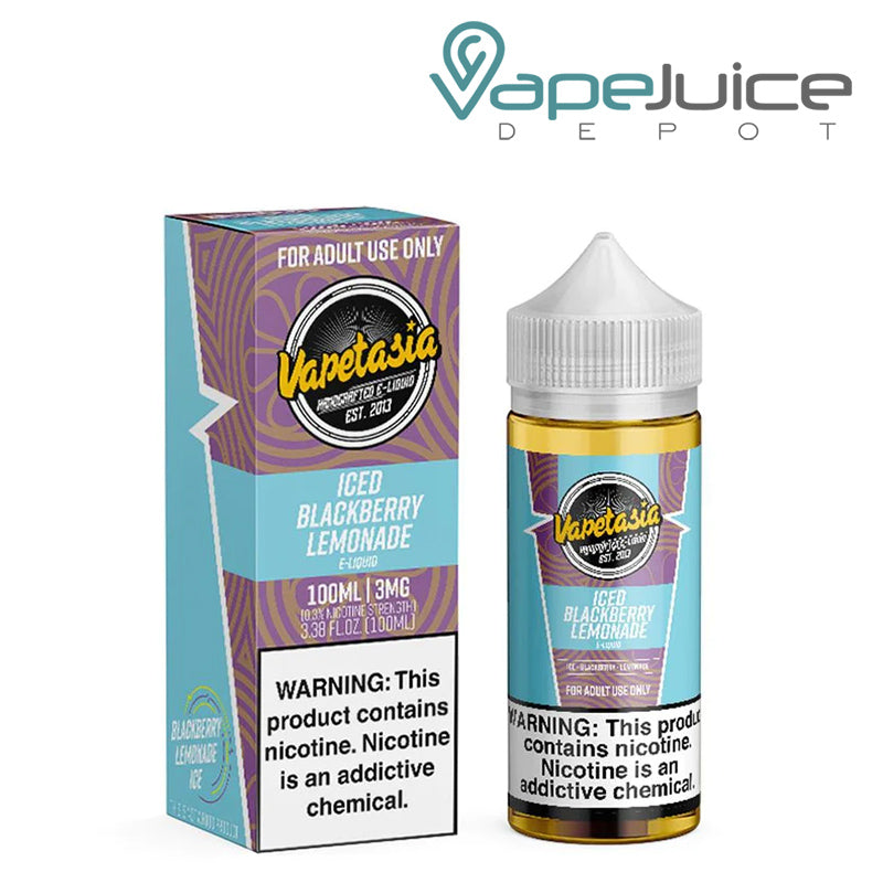 A box of 100ml ICED Blackberry Lemonade Vapetasia eLiquid with a warning sign and a bottle next to it - Vape Juice Depot