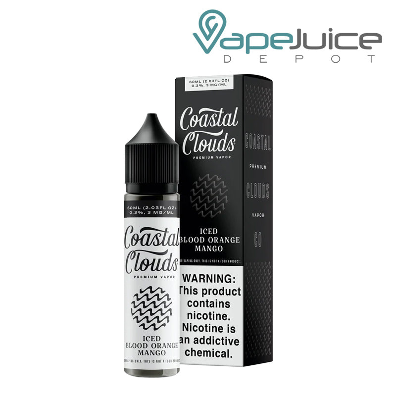 A 60ml bottle of ICED Blood Orange Mango Coastal Clouds and a box with a warning sign next to it - Vape Juice Depot