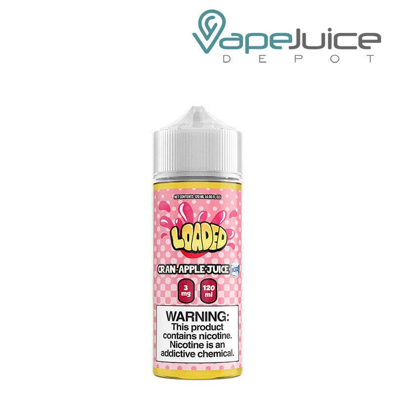 A 120ml bottle of ICED Cran Apple Juice LOADED with a warning sign - Vape Juice Depot