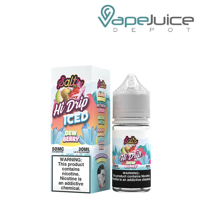 A box of 50mg ICED Dewberry Hi-Drip Salts with a warning sign and a 30ml bottle next to it - Vape Juice Depot