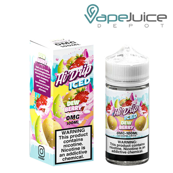 A box of ICED Dewberry Hi-Drip eLiquid and a 100ml bottle with a warning sign next to it - Vape Juice Depot