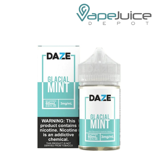 A Box of ICED Glacial Mint 7 Daze TFN eLiquid with a warning sign and a 60ml bottle next to it - Vape Juice Depot
