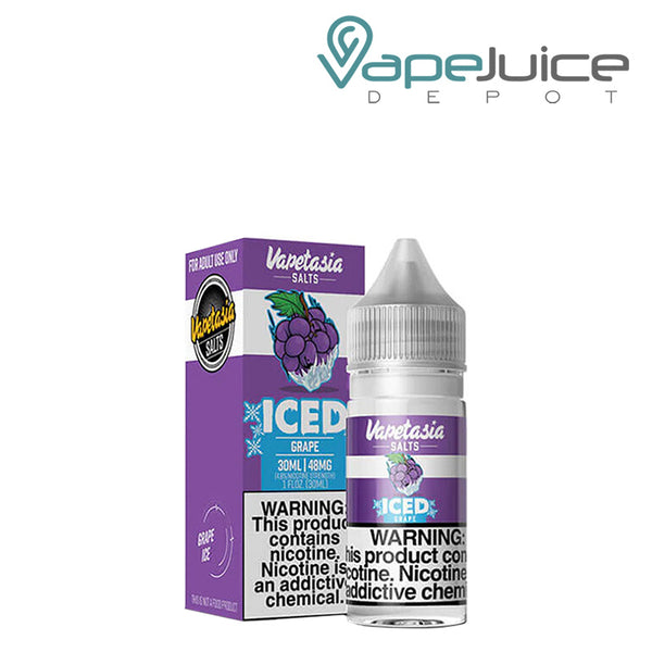 A Box of ICED Grape Vapetasia Salts with a warning sign and a 30ml bottle next to it - Vape Juice Depot