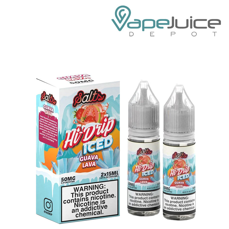 A box of ICED Guava Lava Hi-Drip Salts with a warning sign and two 15ml bottles next to it - Vape Juice Depot