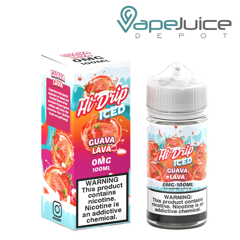 A box of ICED Guava Lava Hi-Drip eLiquid and a 100ml bottle with a warning sign next to it - Vape Juice Depot