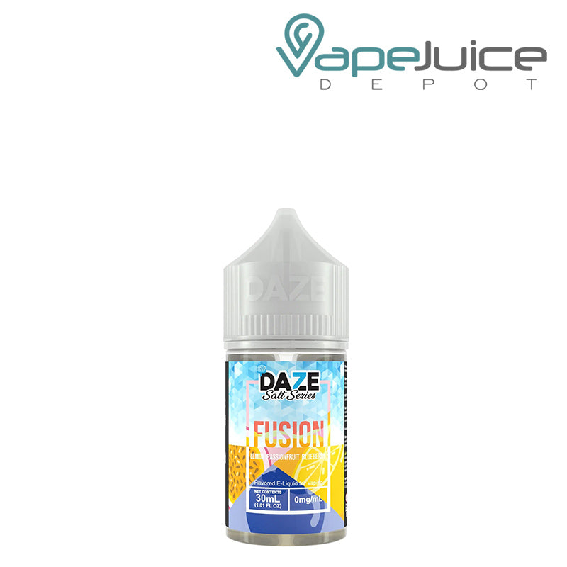 A 30ml bottle of ICED Lemon Passionfruit Blueberry 7 Daze Fusion Salt - Vape Juice Depot