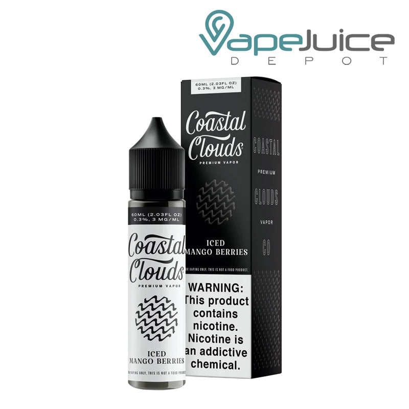 A 60ml bottle of ICED Mango Berries Coastal Clouds and a box with a warning sign next to it - Vape Juice Depot