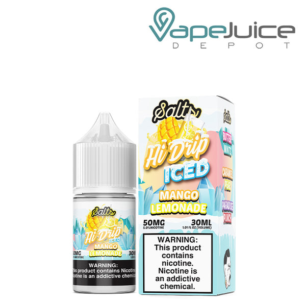 A 30ml bottle of ICED Mango Lemonade Hi Drip Salts and a box with a warning sign next to it - Vape Juice Depot