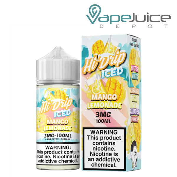 A 100ml bottle of ICED Mango Lemonade Hi Drip eLiquid and a box with a warning sign next to it - Vape Juice Depot