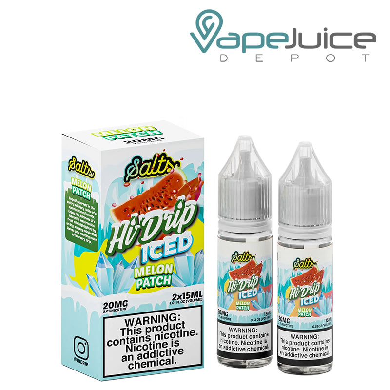 A box of ICED Melon Patch Hi Drip Salts with a warning sign and two 15ml bottles next to it - Vape Juice Depot