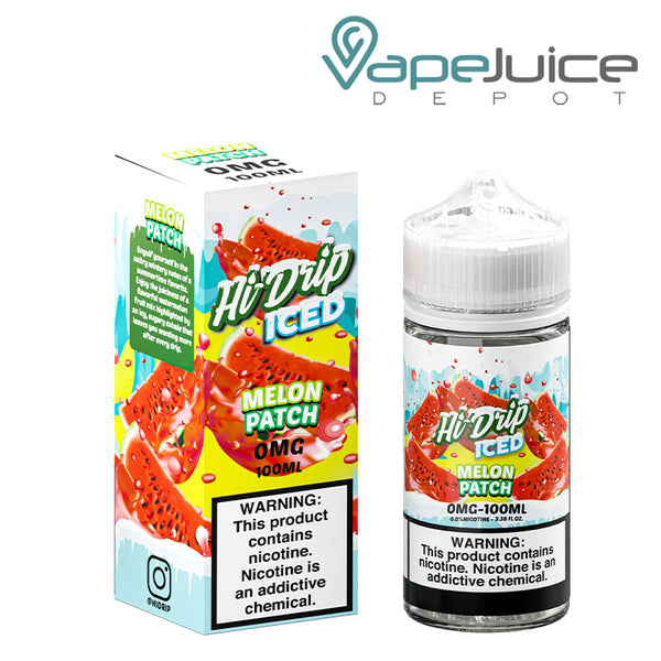 A box of ICED Melon Patch Hi-Drip eLiquid and a 100ml bottle with a warning sign next to it - Vape Juice Depot