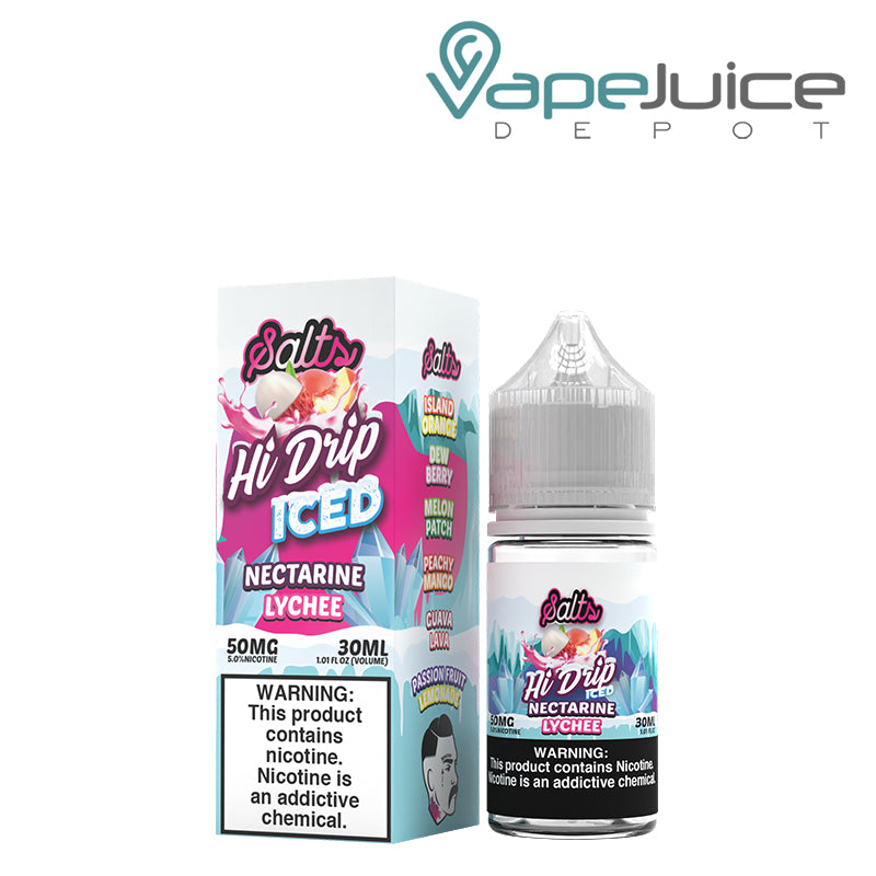 A box of 50mg Iced Nectarine Lychee Hi Drip Salts with a warning sign and a 30ml bottle next to it - Vape Juice Depot