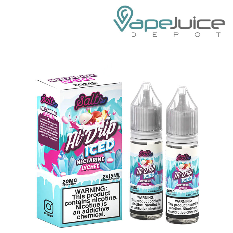 A box of Iced Nectarine Lychee Hi Drip Salts with a warning sign and two 15ml bottles next to it - Vape Juice Depot