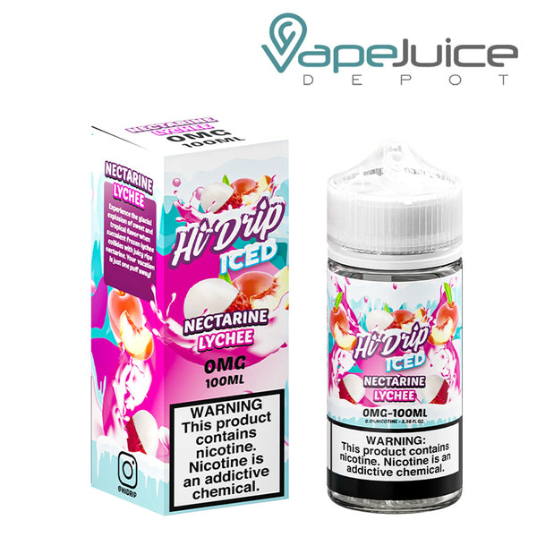 A box of ICED Nectarine Lychee Hi-Drip eLiquid and a 100ml bottle with a warning sign next to it - Vape Juice Depot