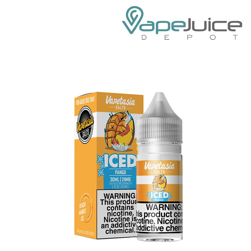 A Box of ICED Pango Vapetasia Salts with a warning sign and a 30ml bottle next to it - Vape Juice Depot