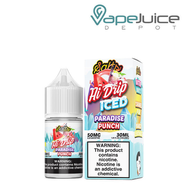 A 30ml bottle of IICED Paradise Punch Hi Drip Salts and a box with a warning sign next to it - Vape Juice Depot