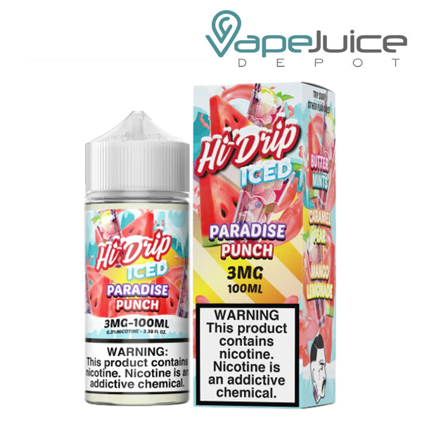 A 100ml bottle of ICED Paradise Punch Hi Drip eLiquid and a box with a warning sign next to it - Vape Juice Depot
