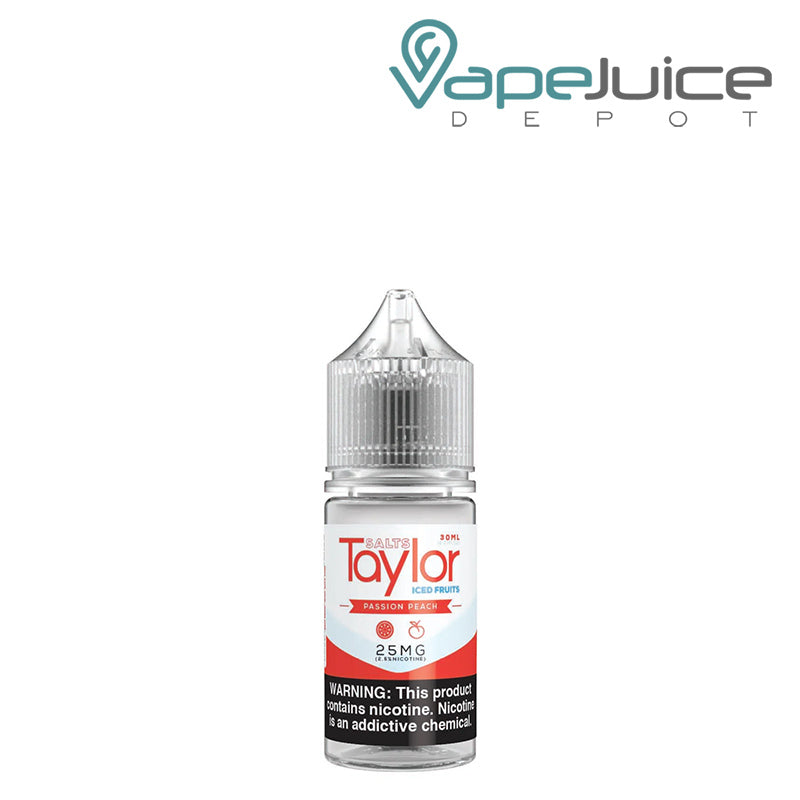 A 30ml bottle of ICED Passion Peach Taylor Salts with a warning sign - Vape Juice Depot