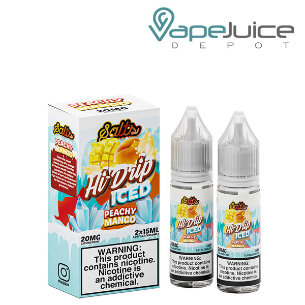 A box of ICED Peachy Mango Hi Drip Salts with a warning sign and two 15ml bottles next to it - Vape Juice Depot