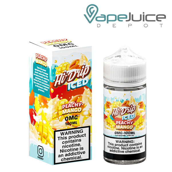 A box of ICED Peachy Mango Hi-Drip eLiquid with a warning sign and a 100ml bottle next to it - Vape Juice Depot