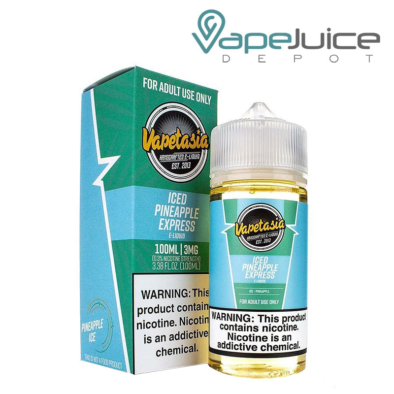 A box of ICED Pineapple Express Vapetasia eLiquid with a warning sign and a 100ml bottle next to it - Vape Juice Depot