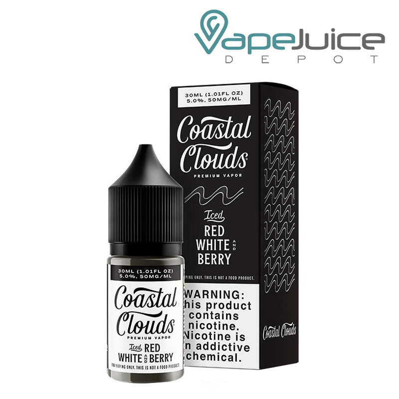 A 30ml bottle of ICED Red White and Berry Coastal Salts and a box with a warning sign next to it - Vape Juice Depot