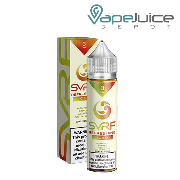 A box of ICED Refreshing SVRF eLiquid and a 60ml bottle with a warning sign next to it - Vape Juice Depot