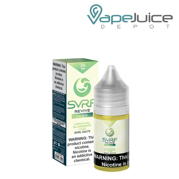 A box of ICED Revive SVRF Salt eLiquid with a warning sign and a 30ml bottle next to it - Vape Juice Depot
