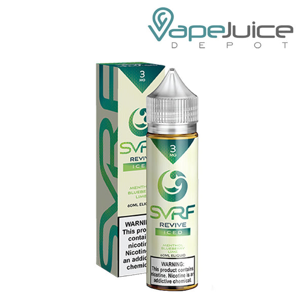 A box of ICED Revive SVRF eLiquid with a warning sign and a 60ml bottle next to it - Vape Juice Depot