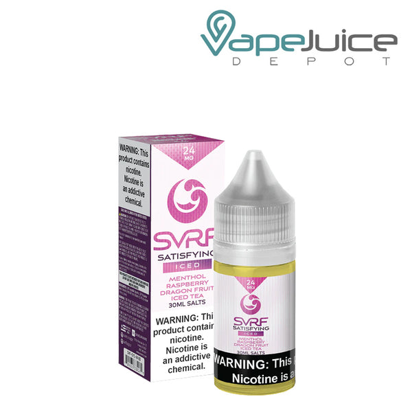 A box of ICED Satisfying SVRF Salt eLiquid with a warning sign and a 30ml bottle next to it - Vape Juice Depot