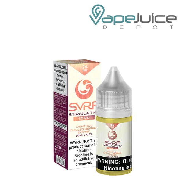 A box of ICED Stimulating SVRF Salt eLiquid with a warning sign and a 30ml bottle next to it - Vape Juice Depot