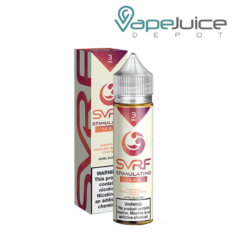 A box of ICED Stimulating SVRF eLiquid with a warning sign and a 60ml bottle next to it - Vape Juice Depot