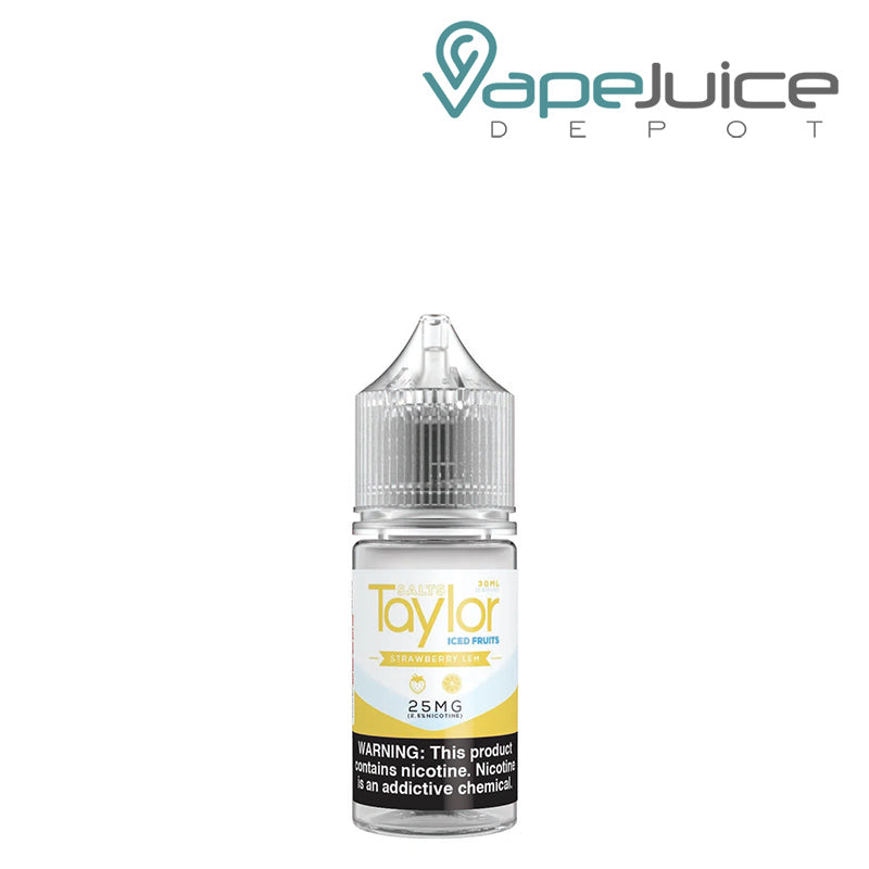 A 30ml bottle of ICED Strawberry Lem Taylor Salts with a warning sign - Vape Juice Depot