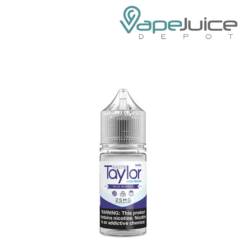 A 30ml bottle of ICED Wild Berries Taylor Salts with a warning sign - Vape Juice Depot