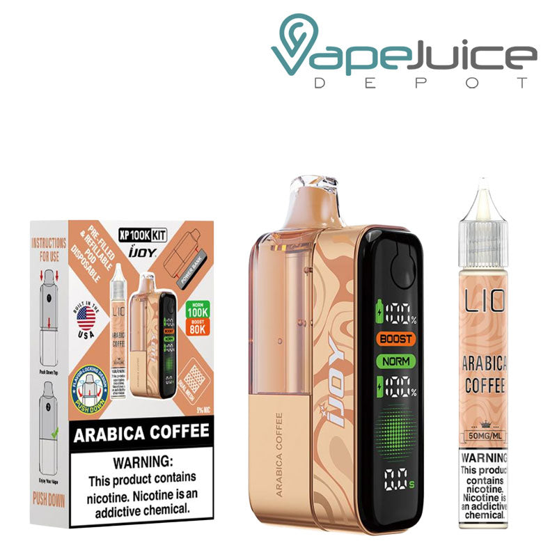A Box of Arabica Coffee iJoy XP100K Disposable Kit with a warning sign and a device, 15ml eliquid bottle next to it - Vape Juice Depot