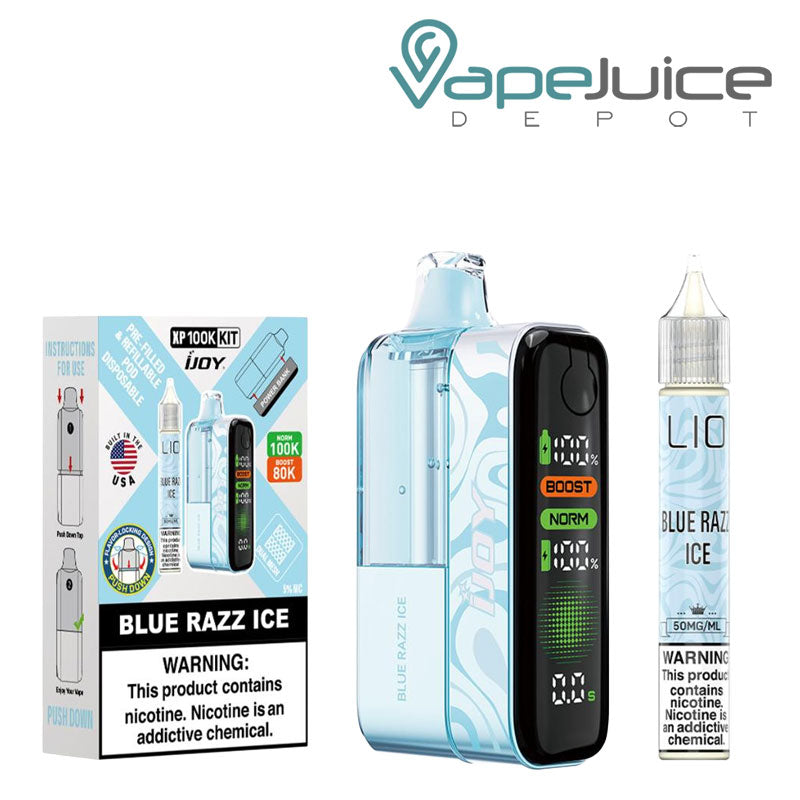 A Box of Blue Razz Ice  iJoy XP100K Disposable Kit with a warning sign and a device, 15ml eliquid bottle next to it - Vape Juice Depot