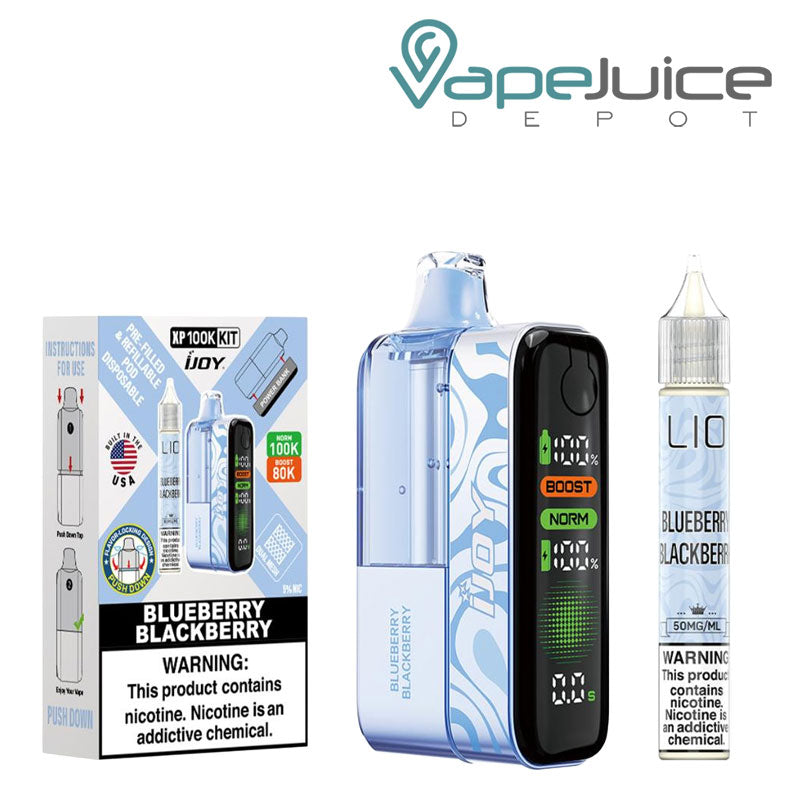 A Box of Blueberry Blackberry iJoy XP100K Disposable Kit with a warning sign and a device, 15ml eliquid bottle next to it - Vape Juice Depot