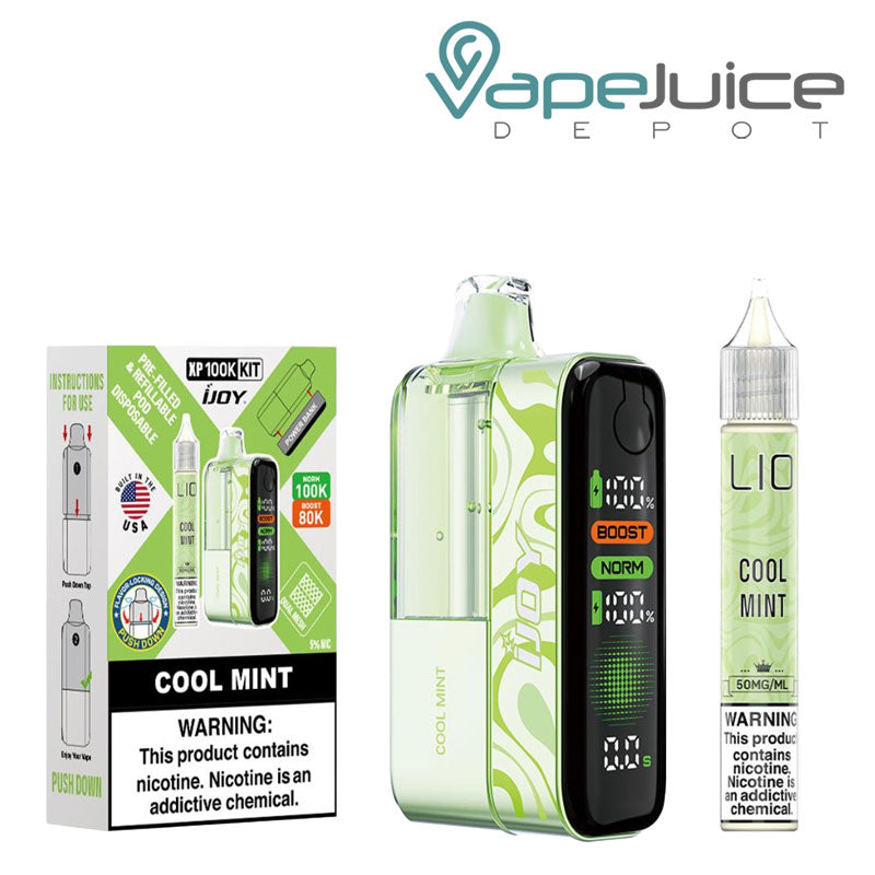 A Box of Cool Mint iJoy XP100K Disposable Kit with a warning sign and a device, 15ml eliquid bottle next to it - Vape Juice Depot
