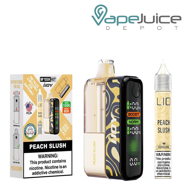 A Box of Peach Slush iJoy XP100K Disposable Kit with a warning sign and a device, 15ml eliquid bottle next to it - Vape Juice Depot