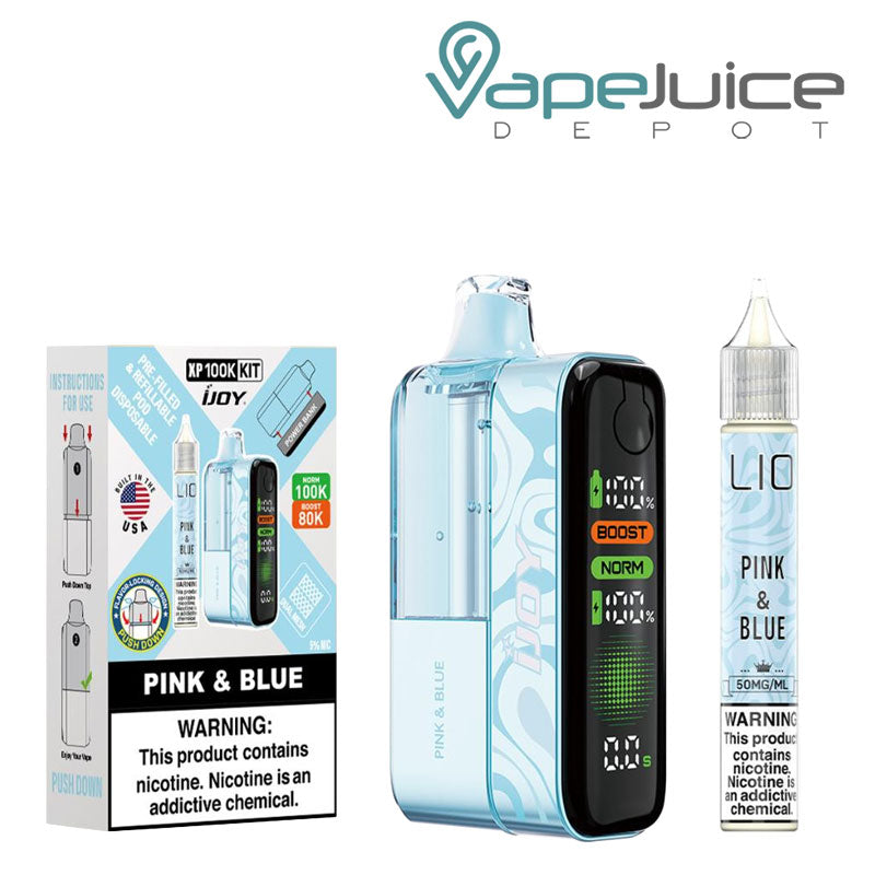 A Box of Pink & Blue iJoy XP100K Disposable Kit with a warning sign and a device, 15ml eliquid bottle next to it - Vape Juice Depot