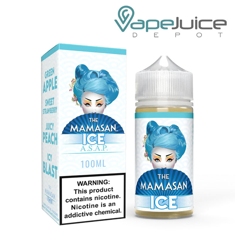 A box of Ice ASAP The Mamasan eLiquid with a warning sign and a 100ml bottle next to it - Vape Juice Depot