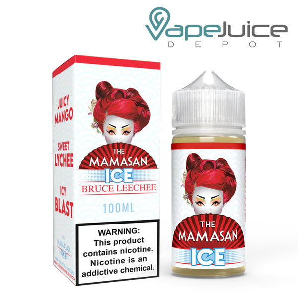 A box of Ice Bruce Leechee The Mamasan eLiquid with a warning sign and a 100ml bottle next to it - Vape Juice Depot