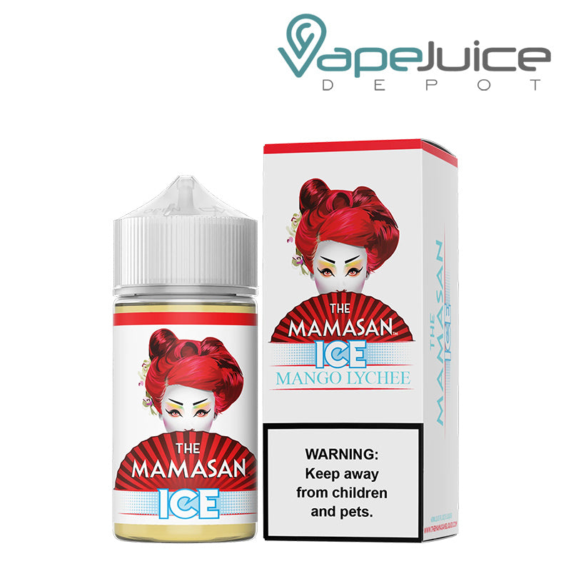 A 60ml bottle of Ice Bruce Leechee The Mamasan eLiquid and a box with a warning sign next to it - Vape Juice Depot