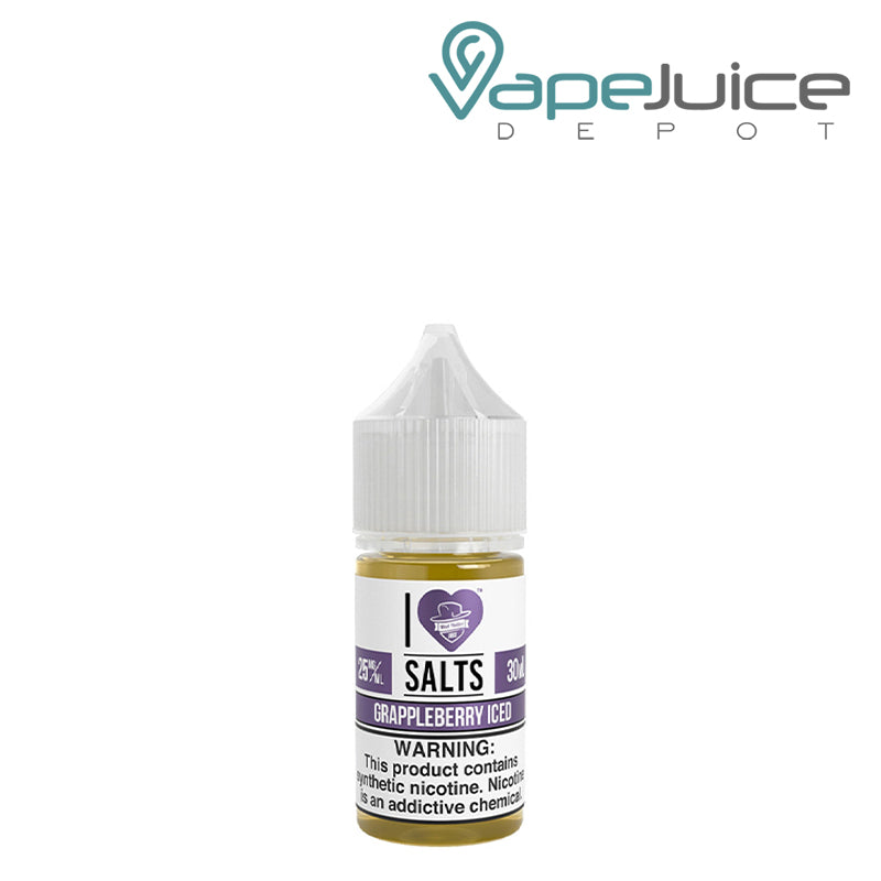 A 30ml Bottle of Ice Grappleberry I Love Salts by Mad Hatter with a warning sign - Vape Juice Depot