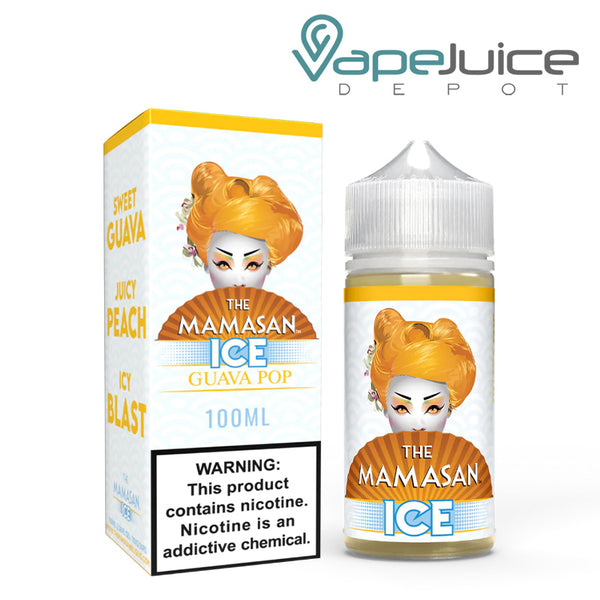 A box of Ice Guava Pop The Mamasan eLiquid with a warning sign and a 100ml bottle next to it - Vape Juice Depot