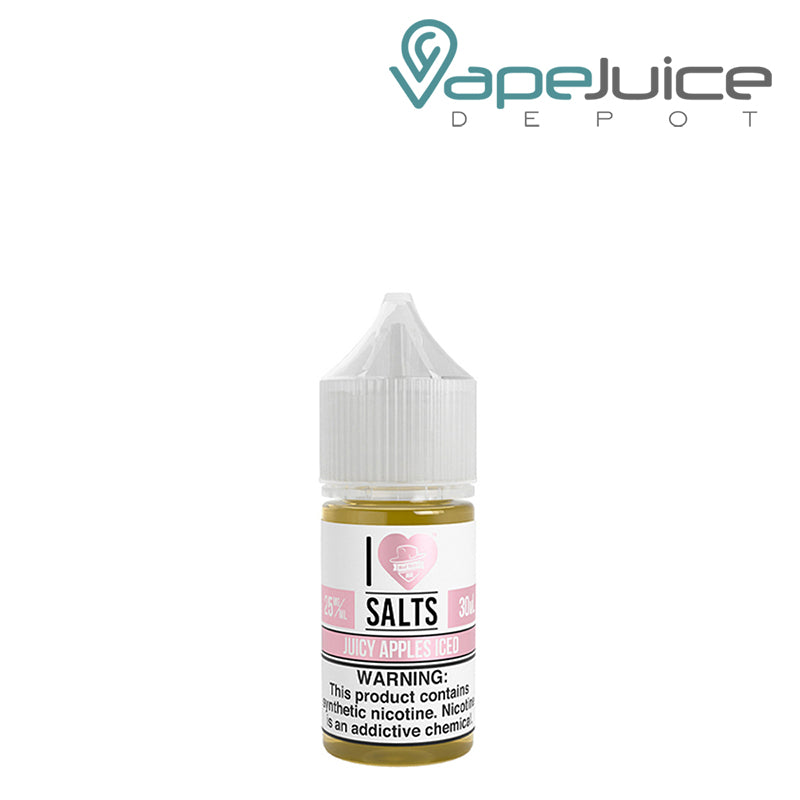 A 30ml Bottle of Ice Juicy Apple I Love Salts by Mad Hatter with a warning sign - Vape Juice Depot