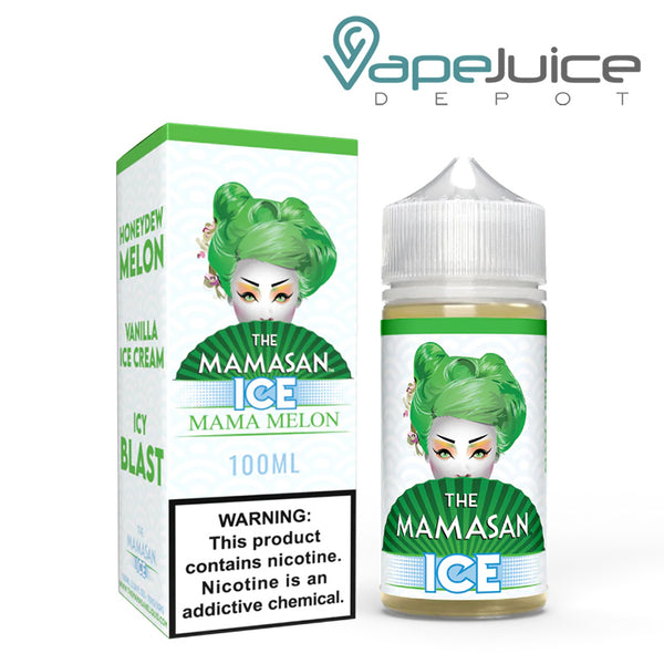 A box if Ice Mama Melon The Mamasan eLiquid with a warning sign and a 100ml bottle next to it - Vape Juice Depot
