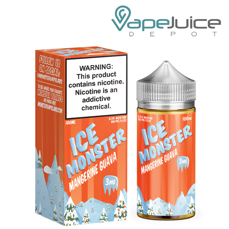 A box of Ice Monster Mangerine Guava with a warning sign and a 100ml bottle next to it - Vape Juice Depot