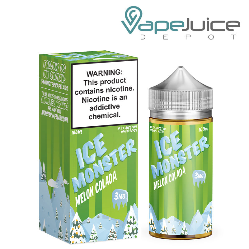 A box of Ice Monster Melon Colada with a warning sign and a 100ml bottle next to it - Vape Juice Depot