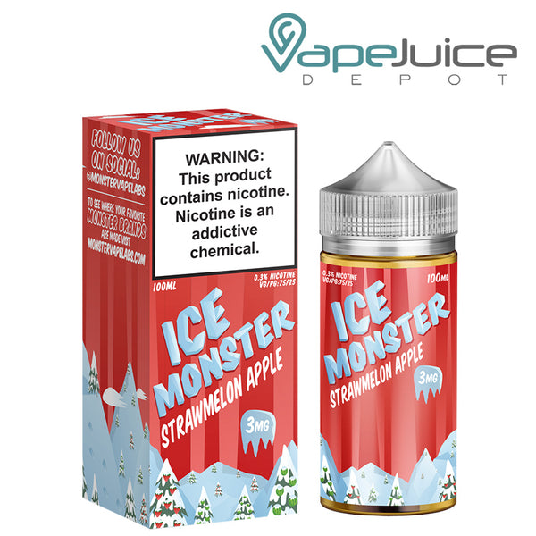 A box of Ice Monster Strawmelon Apple with a warning sign and a 100ml bottle next to it - Vape Juice Depot